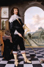 Load image into Gallery viewer, The portrait shows a man with long hair dressed in renaissance black school clothes with rhinestones
