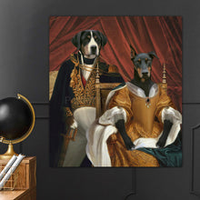 Load image into Gallery viewer, Portrait of a couple of two dogs with human bodies dressed in golden royal clothes hanging on a black wall near the golden globe
