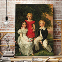 Load image into Gallery viewer, Portrait of three children dressed in historical royal clothes stands on a wooden shelf near books
