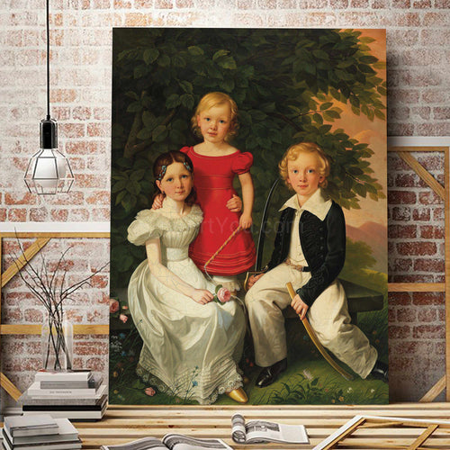 Portrait of three children dressed in historical royal clothes stands on a wooden shelf near books