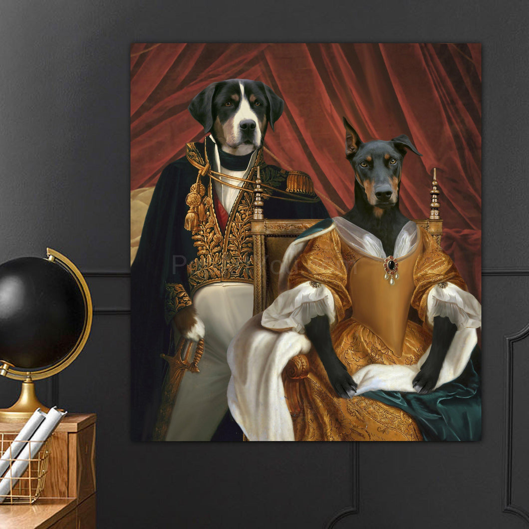 Portrait of a couple of two dogs with human bodies dressed in golden royal clothes hanging on a black wall near the golden globe