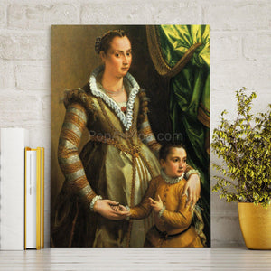 Portrait of a woman dressed in yellow regal attire standing with a child standing on a gray wooden table near a yellow vase