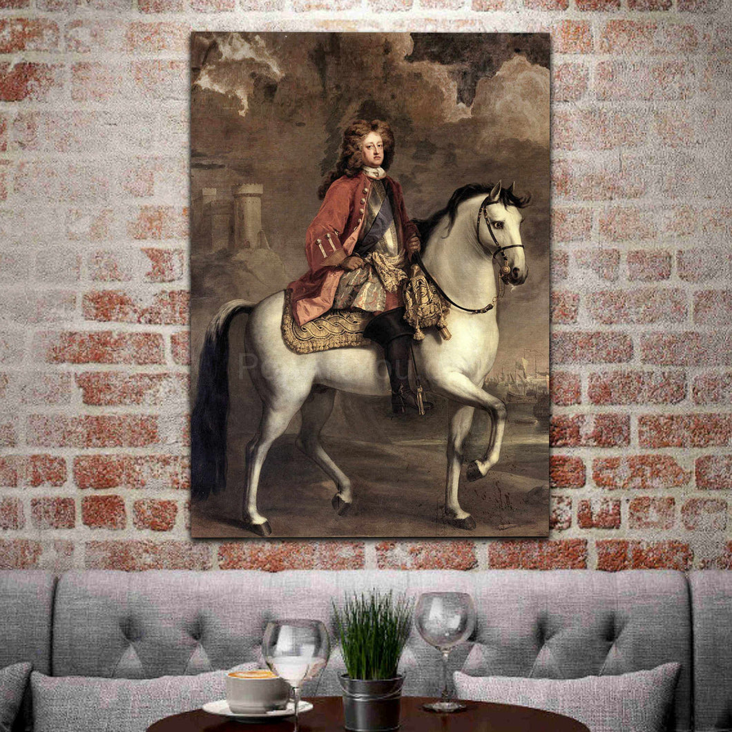 A portrait of a man sitting on a white horse dressed in historical royal clothes hangs on a red brick wall