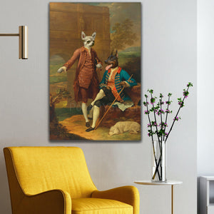 Portrait of two gentlemen dogs dressed in historical regal attires hangs on a white wall near a yellow armchair