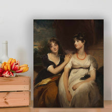 Load image into Gallery viewer, Portrait of two women dressed in regal attires standing on a wooden floor near flowers
