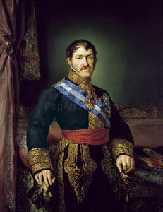 The portrait shows a man wearing a blue regal suit