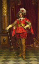 Load image into Gallery viewer, The portrait shows a clman with long hair holding a saber dressed in red regal attire
