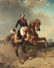Load image into Gallery viewer, The portrait shows a man sitting on a brown horse dressed in renaissance regal attire
