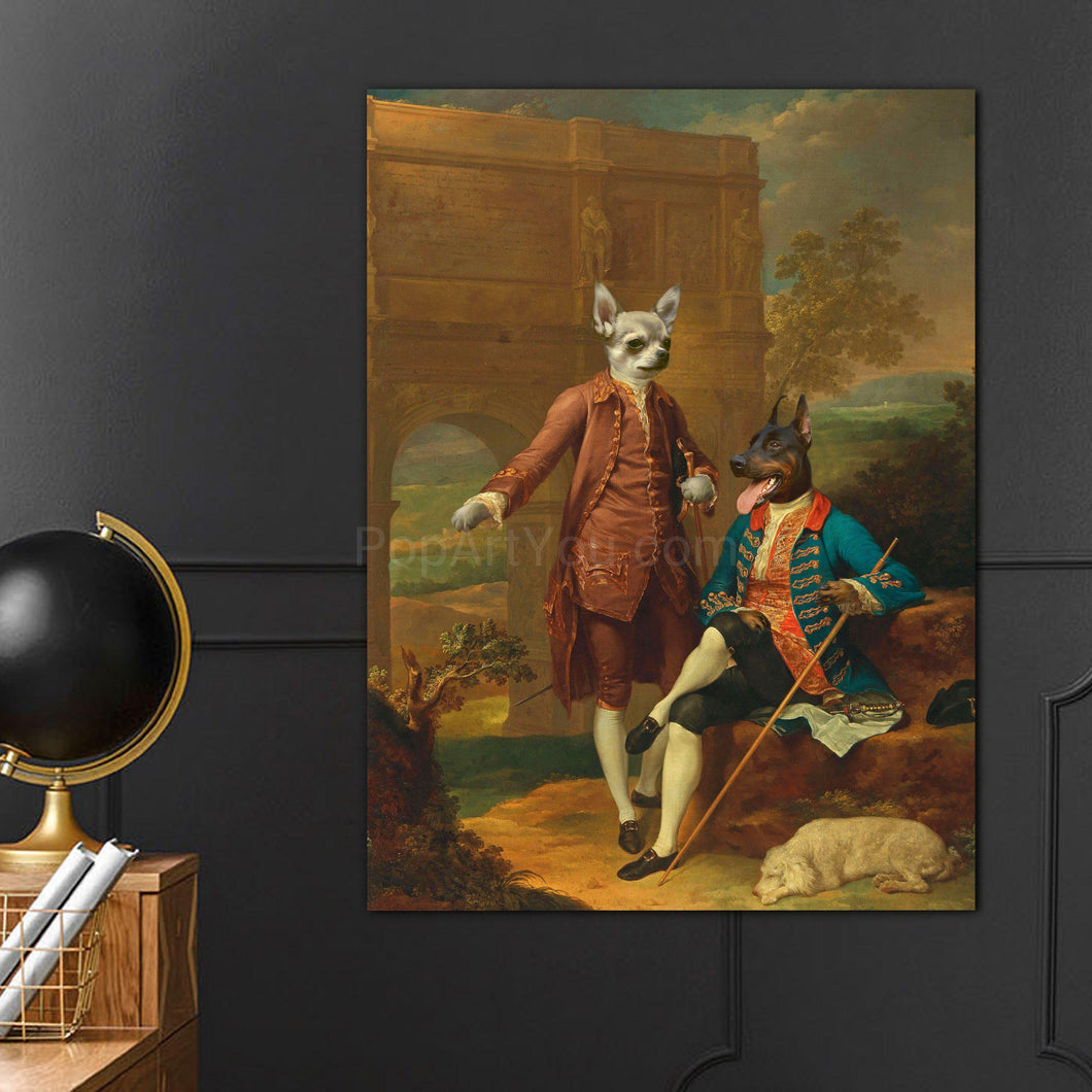 Portrait of two gentlemen dogs dressed in historical royal clothes hangs on a dark wall near a black globe