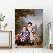 Load image into Gallery viewer, Portrait of two children dressed in purple royal dresses stands on a white wooden floor
