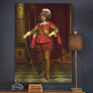 A portrait of a man with long hair holding a saber dressed in red royal clothes hangs on the blue wall above three books