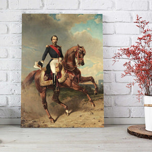 A portrait of a man sitting on a brown horse dressed in historical royal clothes stands on a gray floor against a white brick wall