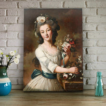 Load image into Gallery viewer, Portrait of a woman dressed in a royal dress stands on a wooden floor against a background of white brick walls
