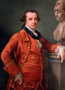 The portrait shows a man near the sculpture, wearing a red historical costume
