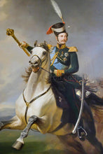 Load image into Gallery viewer, The portrait shows a man riding a horse dressed in a green regal suit

