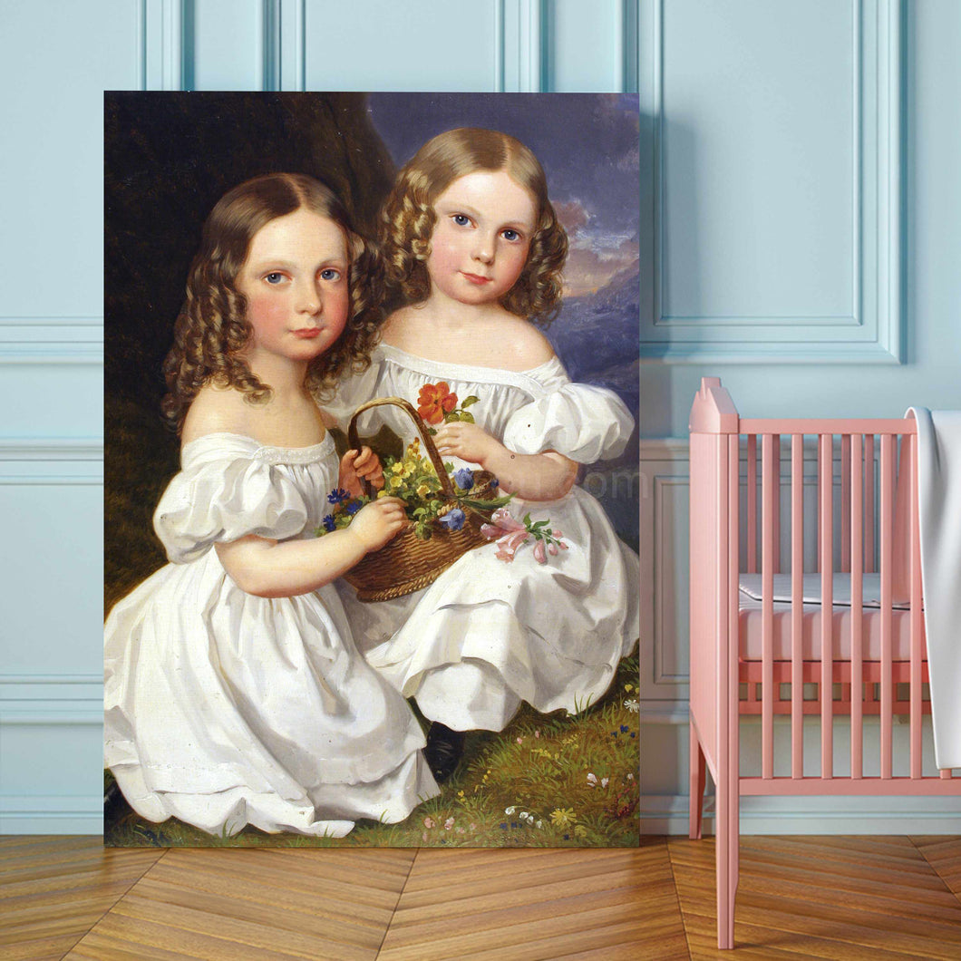 Portrait of two girls dressed in white royal dresses stands on a wooden floor against a background of a blue wall