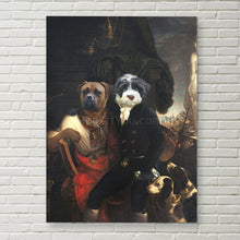 Load image into Gallery viewer, Portrait of two brothers dogs with human bodies dressed in historical regal attires hanging on a white brick wall
