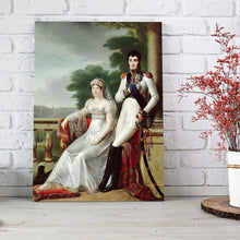 Load image into Gallery viewer, Portrait of a couple dressed in white royal attires stands on a wooden floor near a white brick wall
