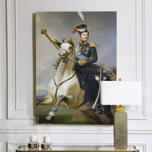 A portrait of a man riding a horse dressed in historical royal clothes hangs on a white wall