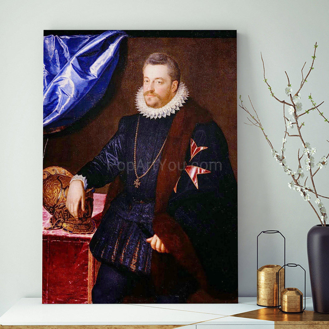 A portrait of a man dressed in historical royal blue stands on a white table next to a gray vase