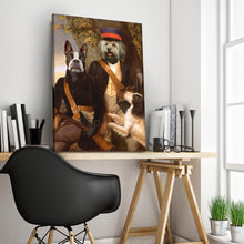 Load image into Gallery viewer, Portrait of a pair of two dogs with human bodies dressed in historical regal attires stands on a wooden table near a black chair
