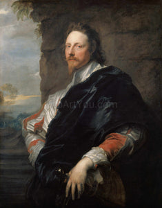 The portrait shows a man against a stone wall, dressed in a historical costume