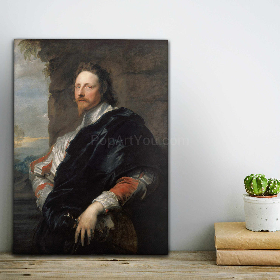 On the table next to a cactus is a portrait of a man dressed in a historical costume