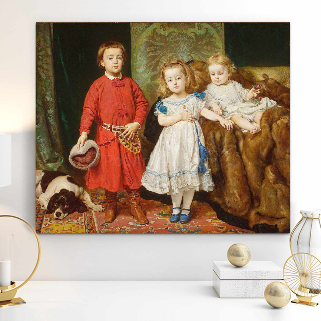 Portrait of three children dressed in historical regal attires hangs on a white wall near golden toys