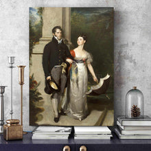Load image into Gallery viewer, Portrait of a couple dressed in historical royal clothes stands on a blue table near books
