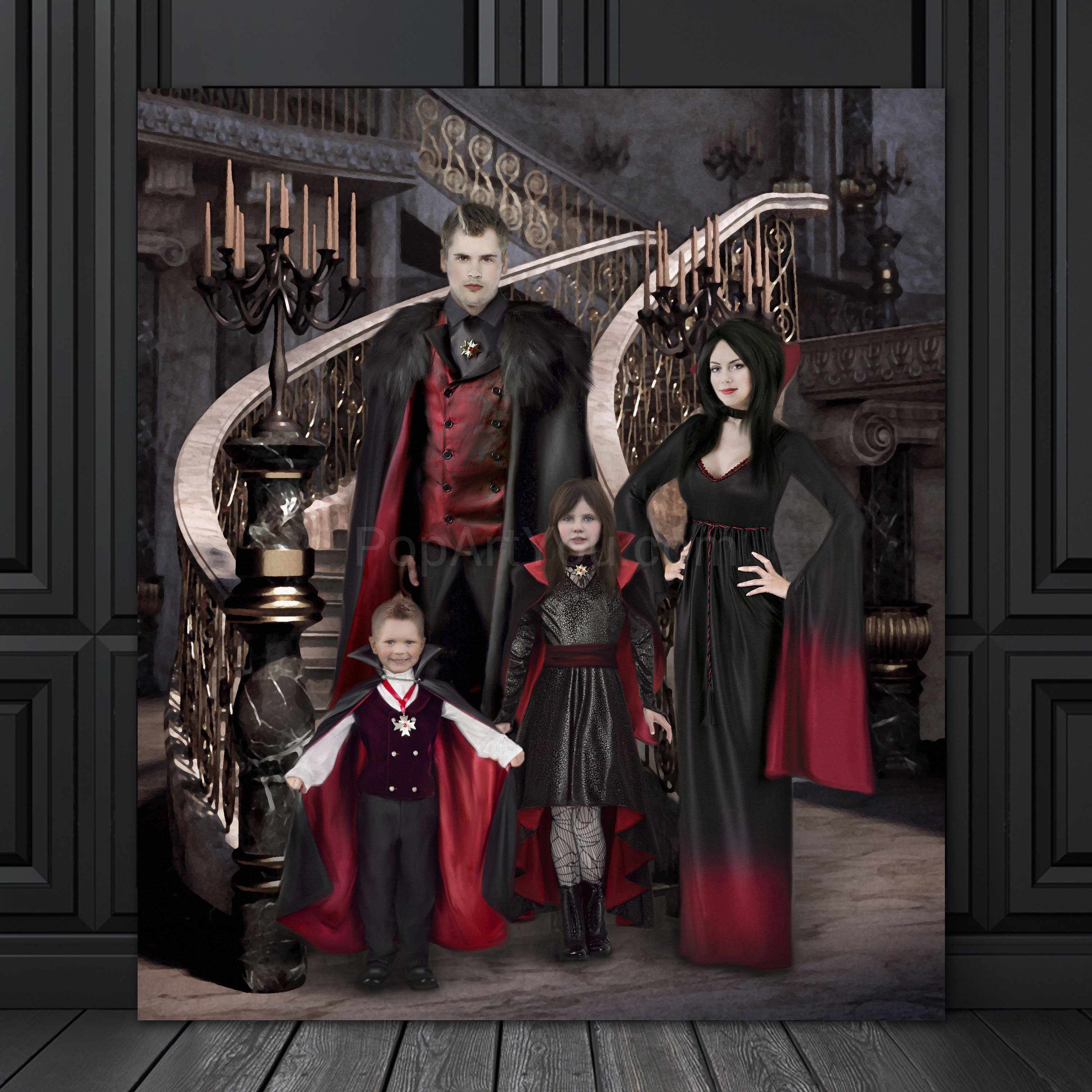 Portrait of a vampire family dressed in historical clothes stands on a black wooden floor near a black wall