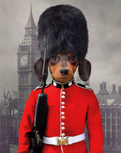 Load image into Gallery viewer, The portrait depicts a dog with a human body dressed in the red clothes of a British sentry with a hat
