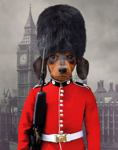 The portrait depicts a dog with a human body dressed in the red clothes of a British sentry with a hat