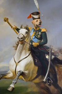 The portrait shows a dog with a human body dressed in royal clothes riding a horse