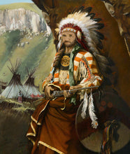 Load image into Gallery viewer, The portrait shows a man dressed in a renaissance American Indian costume
