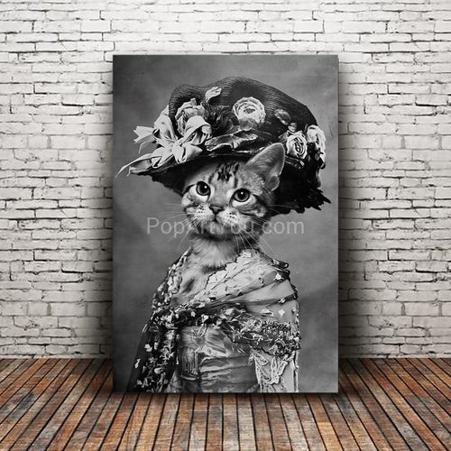 Lady wearing a hat with a bow and flowers retro pet portrait