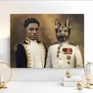 A portrait of a man dressed in royal clothes and a dog with the body of a man dressed in royal clothes hangs on a white wall
