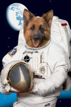 Load image into Gallery viewer, The portrait shows a dog dressed in the white attire of an American astronaut holding a helmet
