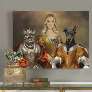 A portrait of a woman dressed in a golden royal dress and her pets dressed in royal dresses hangs on a gray wall near a golden vase