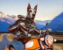 Load image into Gallery viewer, The portrait shows a biker dog with a human body dressed in a leather jacket riding a motorcycle
