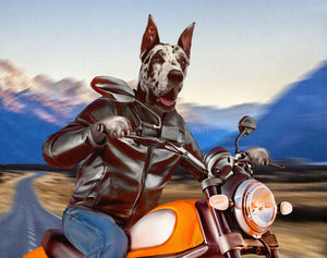 The portrait shows a biker dog with a human body dressed in a leather jacket riding a motorcycle