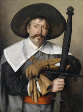 Load image into Gallery viewer, The portrait shows a man in a hat holding a sword dressed in renaissance regal attire
