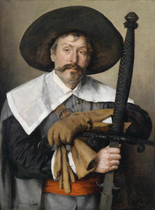 The portrait shows a man in a hat holding a sword dressed in renaissance regal attire