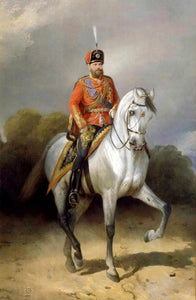 The portrait shows a man sitting on a horse dressed in renaissance regal attire