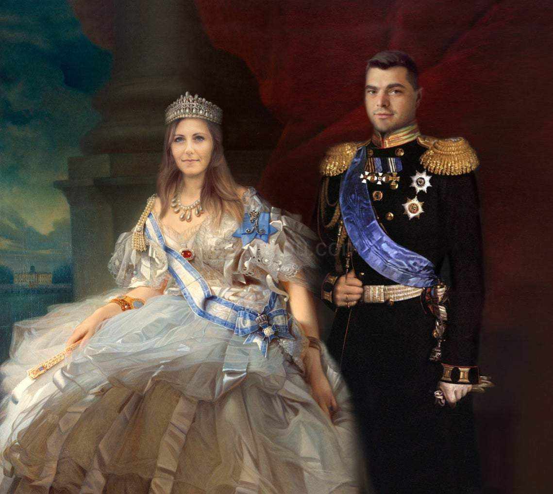 The portrait shows a couple dressed in historical royal clothes standing near red curtains