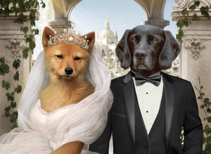 The portrait shows two dogs with human bodies dressed in wedding suits