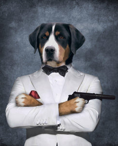 The portrait shows a dog with a human body dressed in white bond attire holding a pistol