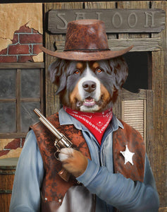 The portrait depicts a dog with a human body dressed in historical cowboy attire with a hat