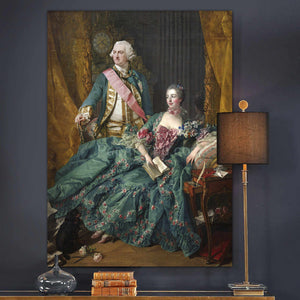 Portrait of a couple dressed in green royal clothes hangs on a gray wall near three books and a lamp