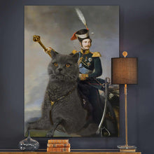 Load image into Gallery viewer, A portrait of a man dressed in regal attire running on a huge cat hangs on the dark wall above the books
