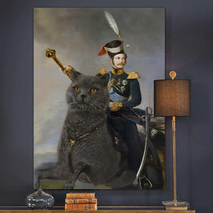 A portrait of a man dressed in regal attire running on a huge cat hangs on the dark wall above the books